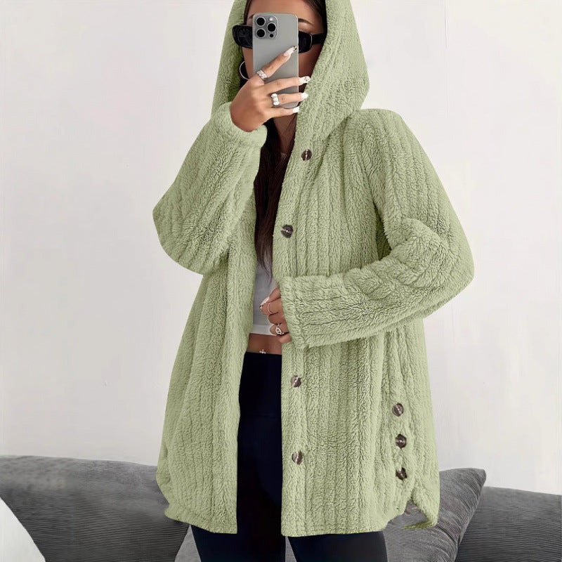 Damen Kapuzen-Teddy-Mantel mit Knopfleiste und Oversize-Schnitt Echo Archiv