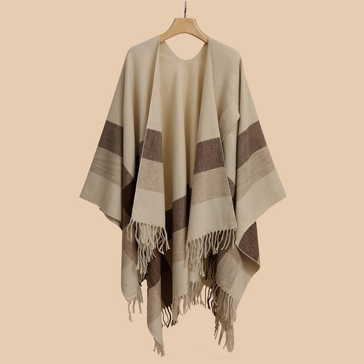Damen Capeponcho aus Wollmix mit Ärmelschlitzen, offener Front und Fransenabschluss – Célinea