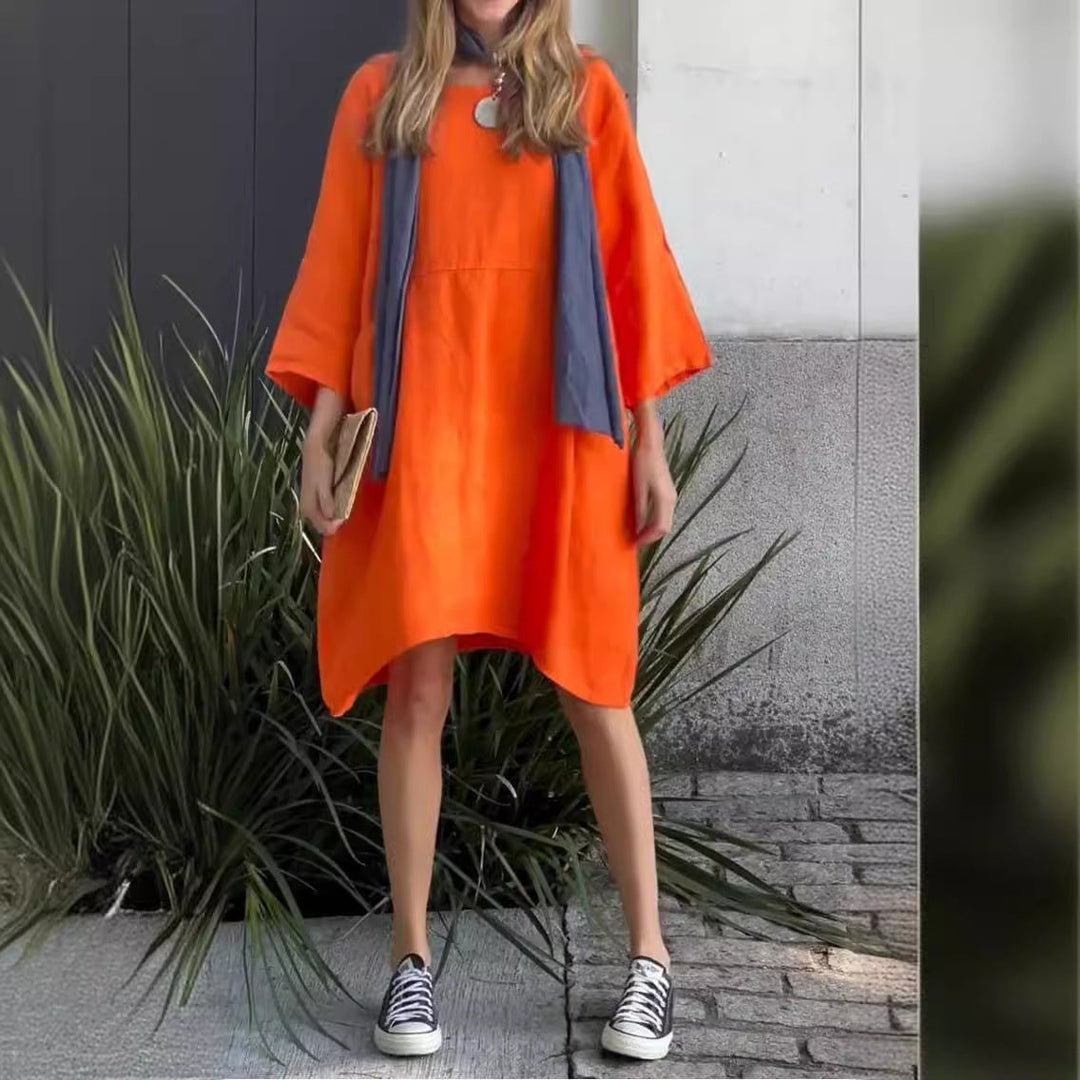 Damen lässiges Leinenkleid mit praktischen Taschen und asymmetrischem Saum Echoarchiv