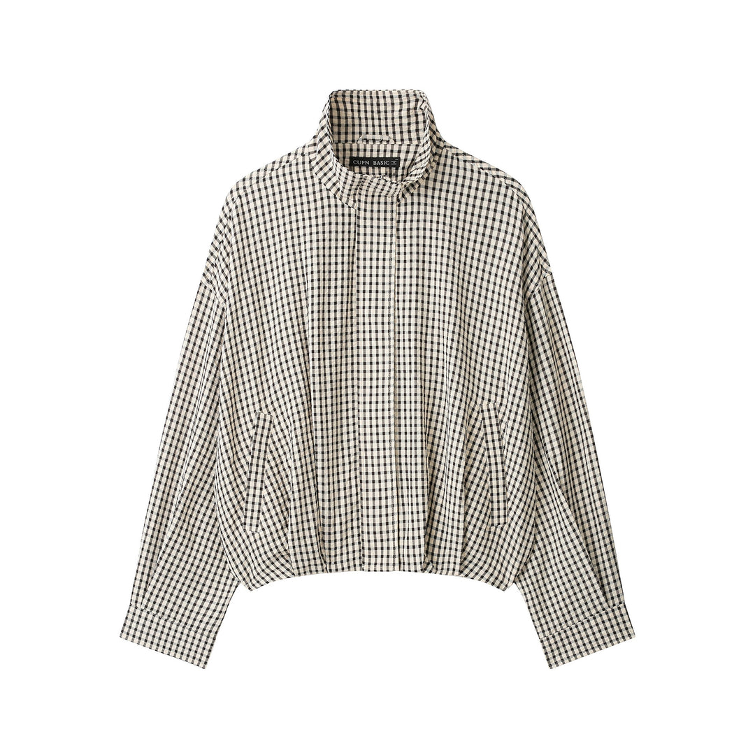 Damen Karo Cropped Oversized Jacke mit Funnelkragen und Tulpenform Echoarchiv