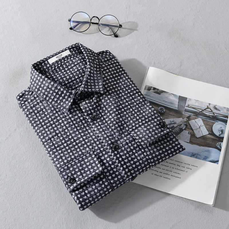 Herren Hemdjacke-Overshirt aus Baumwollmix mit Miniherz-Alloverprint und Brusttaschen Echoarchiv