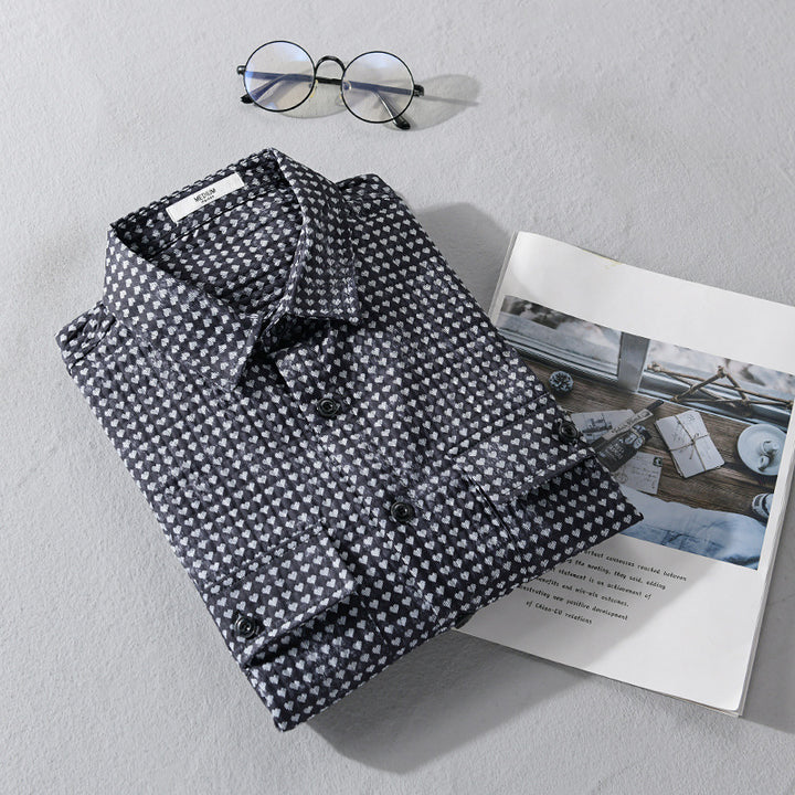 Herren Hemdjacke-Overshirt aus Baumwollmix mit Miniherz-Alloverprint und Brusttaschen Echoarchiv