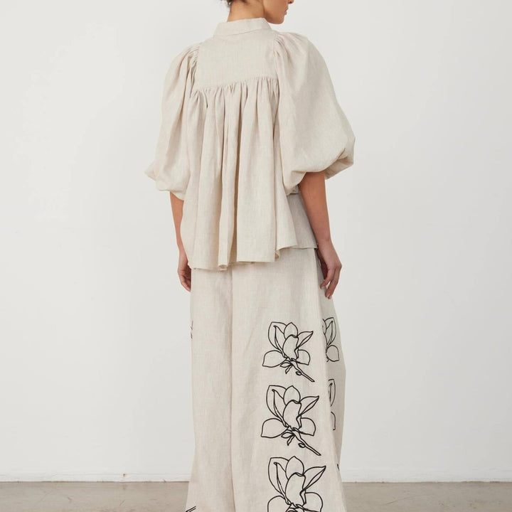 Damen Weit geschnittene Leinenhose mit floralen Stickereien Echo Archiv