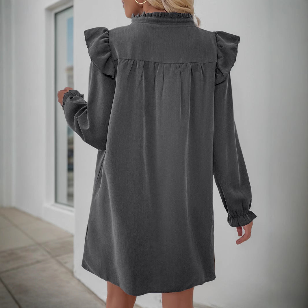 Damen Volant-Hemdkleid mit geraffter Passe, Stehkragen und elastischen Manschetten Echoarchiv