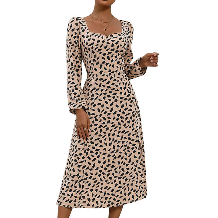 Damen Bedrucktes Midikleid im Vintage‑Stil mit Herzausschnitt, taillierter Silhouette und Ballonärmeln – Élara