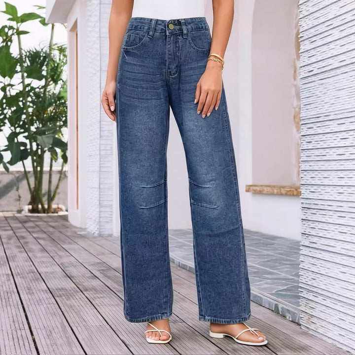 Damen nan High-Waist weite Denim-Hose mit ausgestelltem Bein und tonalen Knie-Abnähern Echo Archiv