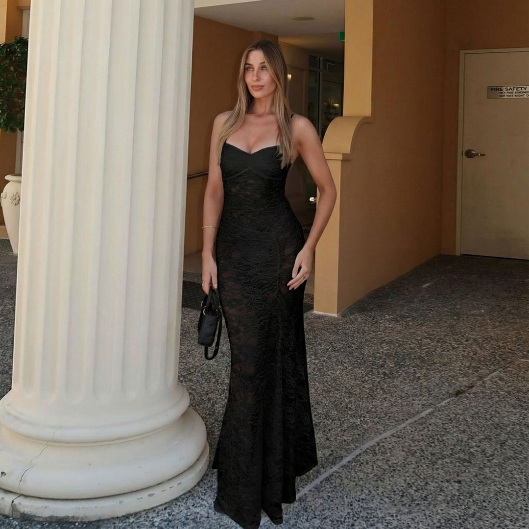Damen sexy Spitzen Maxi-Kleid mit verstellbaren Trägern und Herzen-Ausschnitt Echo Archiv
