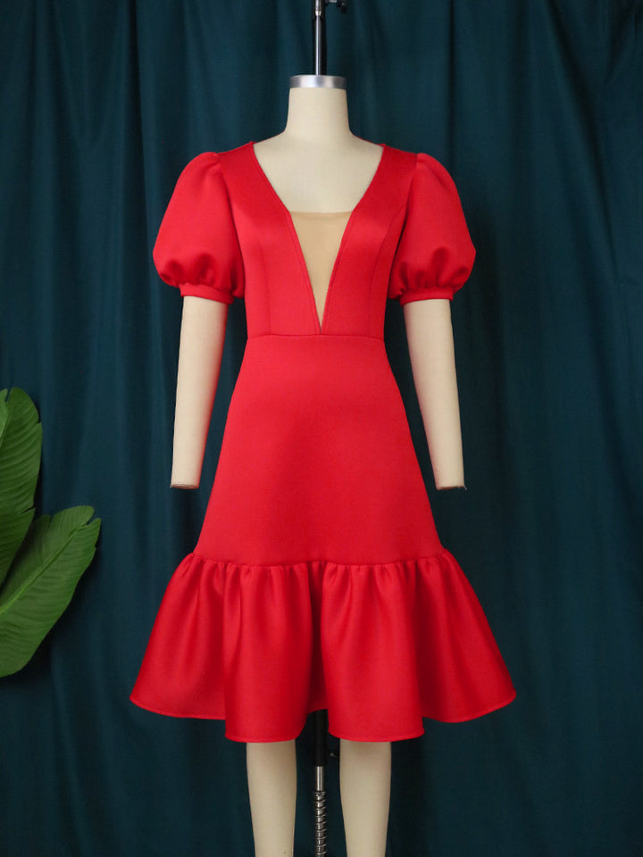 Damen elegantes Wickelkleid mit voluminösen Puffärmeln und Rüschensaum Echo Archiv