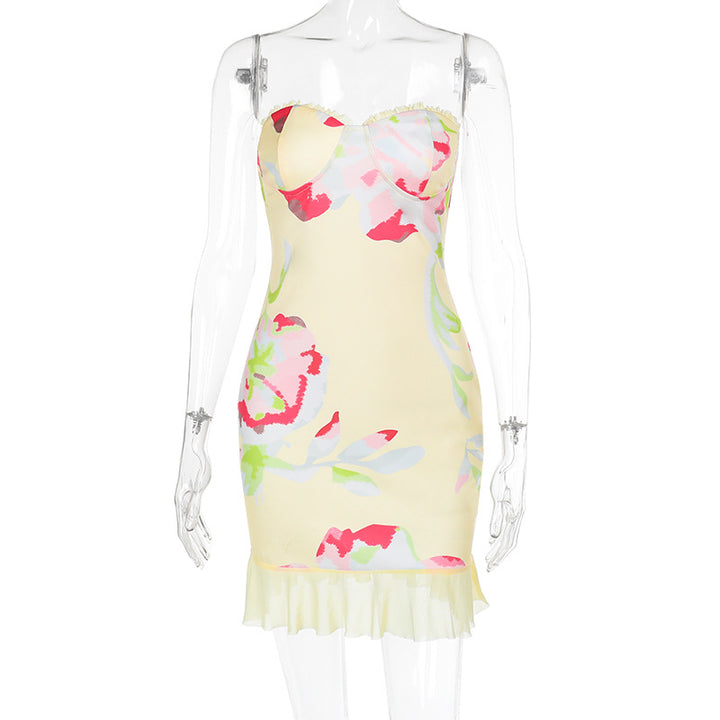Damen ärmelloses Minikleid mit floralen Mustern und Rüschensaum Echo Archiv