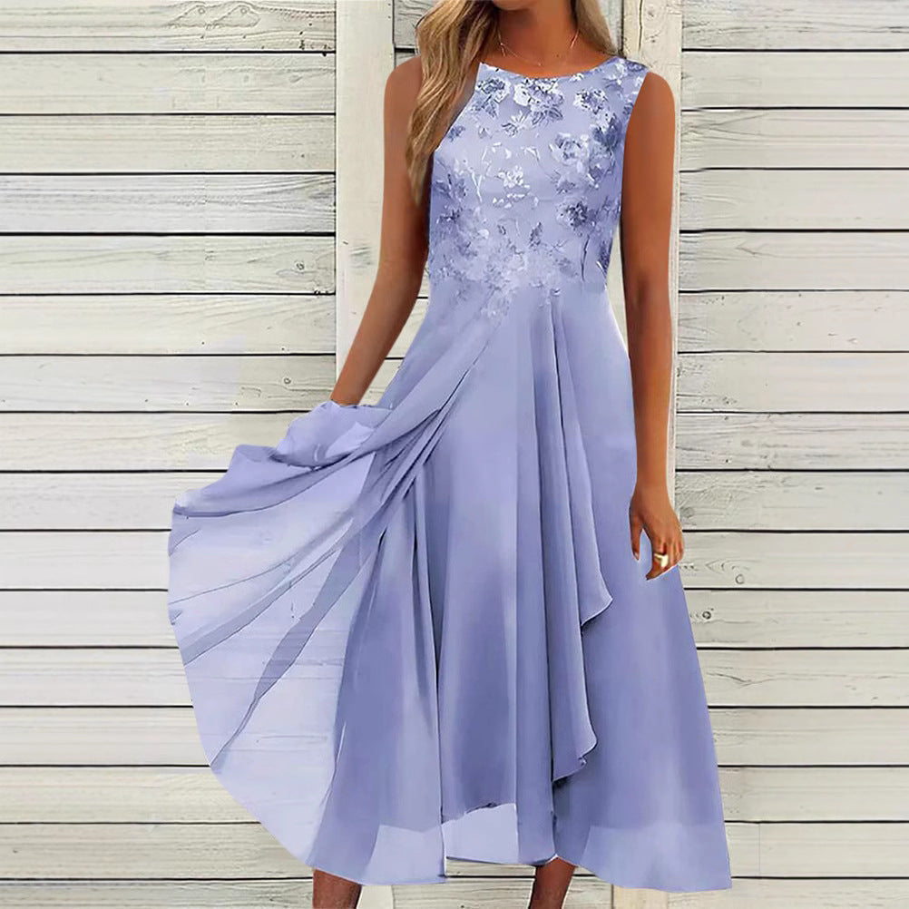 Damen nan ärmelloses Chiffon-Midikleid mit bestickter Brustpartie und asymmetrischem Lagenrock Echoarchiv