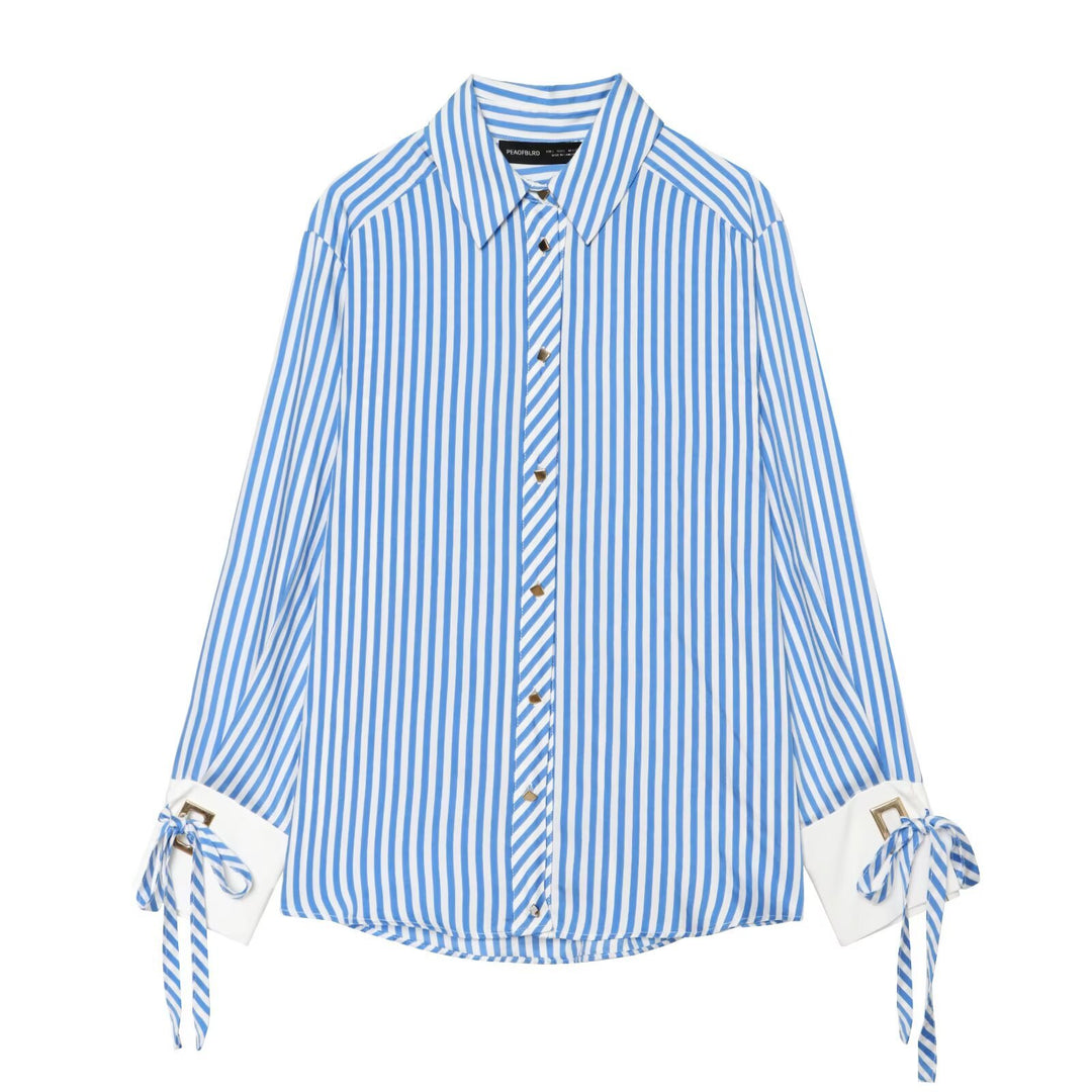 Damen Oversize-Bluse mit Streifen, abgesetzten Manschetten, Schleifendetail und Zierknöpfen Echo Archiv