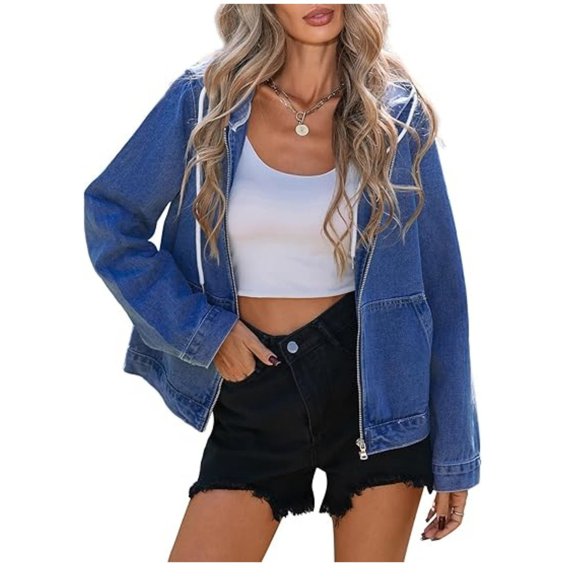 Damen Jeansjacke mit Kapuze, Reißverschluss und Oversize-Schnitt Echo Archiv