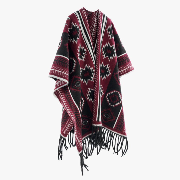 Damen Azteken‑inspiriertes Fransen‑Poncho‑Cape im Oversize‑Rechteckschnitt – Avérine