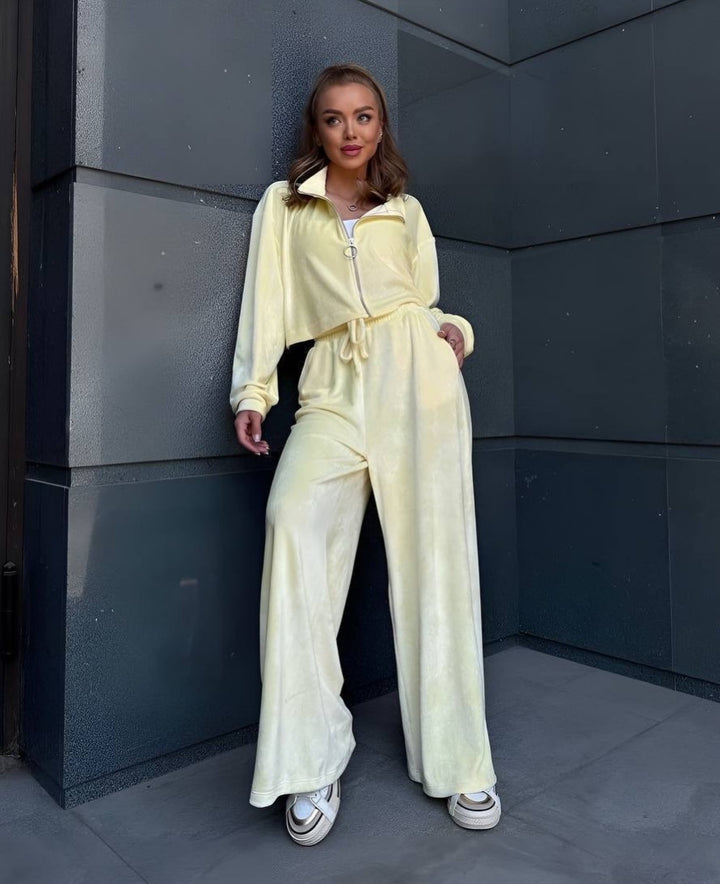 Damen gekürztes Velours-Cropped-Hoodie mit Stehkragen und elastischer High-Waist-Palazzo-Jogginghose – Auréline