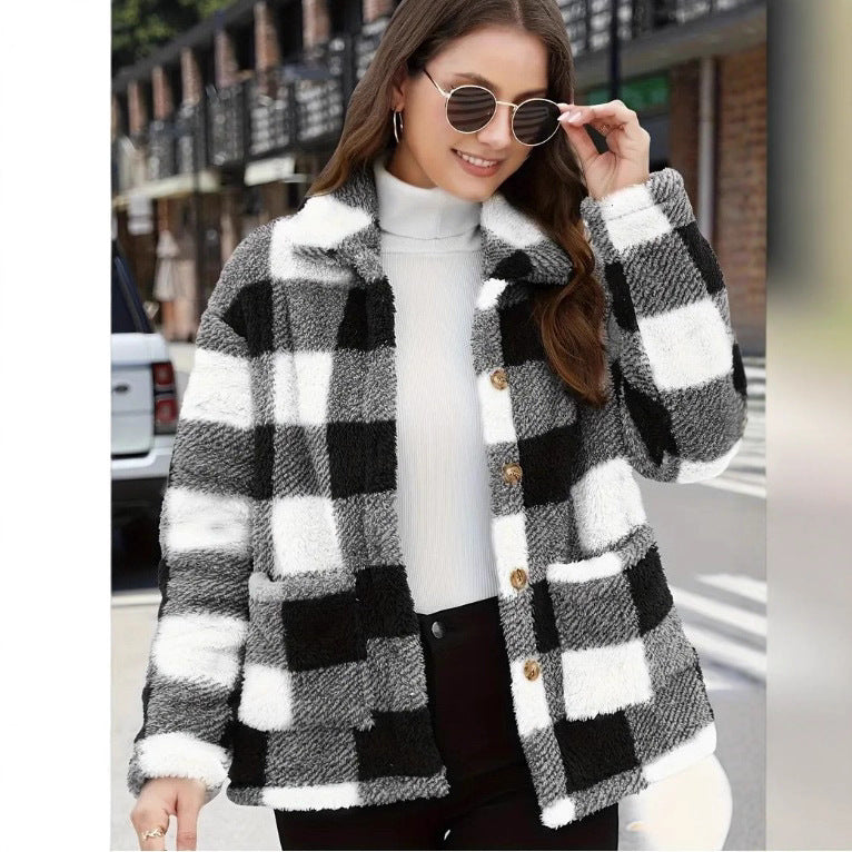 Damen nan gefütterte Karo Teddy-Fleece Shacket mit Knopfleiste und aufgesetzten Taschen Echo Archiv