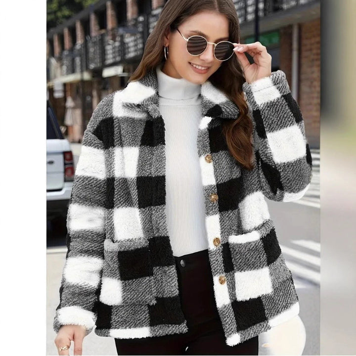 Damen nan gefütterte Karo Teddy-Fleece Shacket mit Knopfleiste und aufgesetzten Taschen Echo Archiv