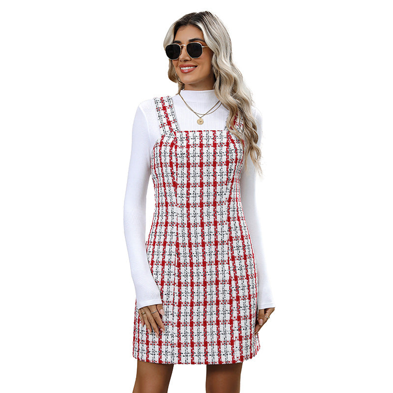 Damen Tweed Latzkleid mit Karomuster und figurbetonter A‑Linien‑Silhouette Echoarchiv