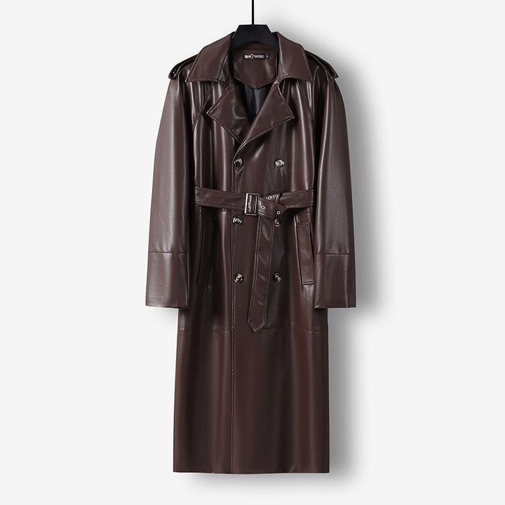Herren Langer Kunstleder-Trenchcoat mit Doppelreiher, Taillengürtel und Schulterklappen Echoarchiv