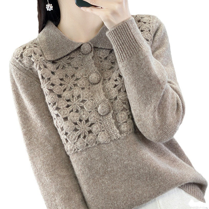Damen Strickpullover mit gehäkelter Ajour‑Blende und Polokragen Echoarchiv