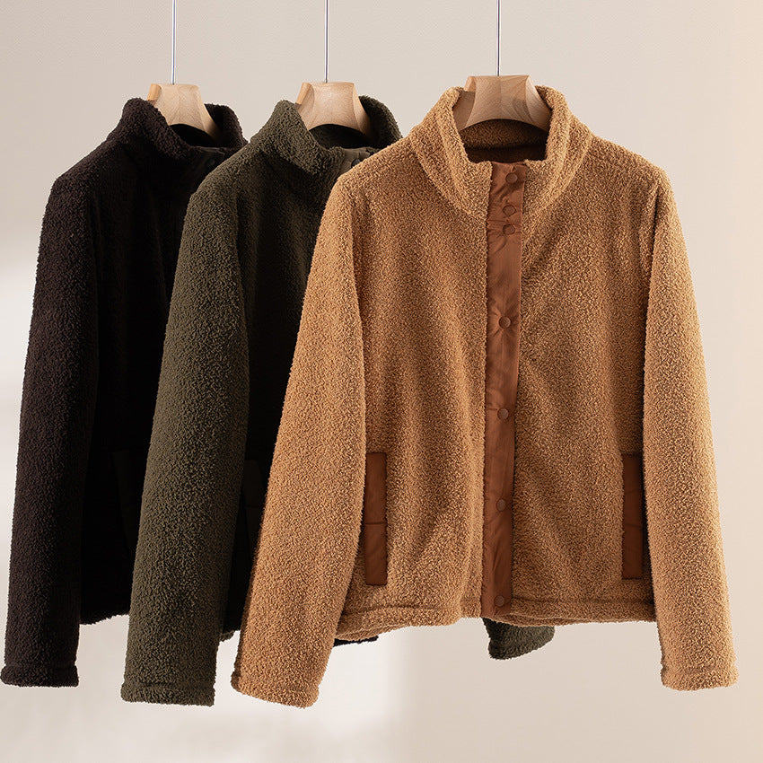 Damen kuschelige Teddy-Fleecejacke mit Stehkragen, Druckknopf-Leiste und kontrastierten Tascheneinfassungen Echoarchiv