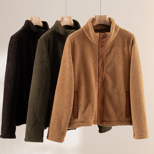 Damen kuschelige Teddy-Fleecejacke mit Stehkragen, Druckknopf-Leiste und kontrastierten Tascheneinfassungen Echoarchiv