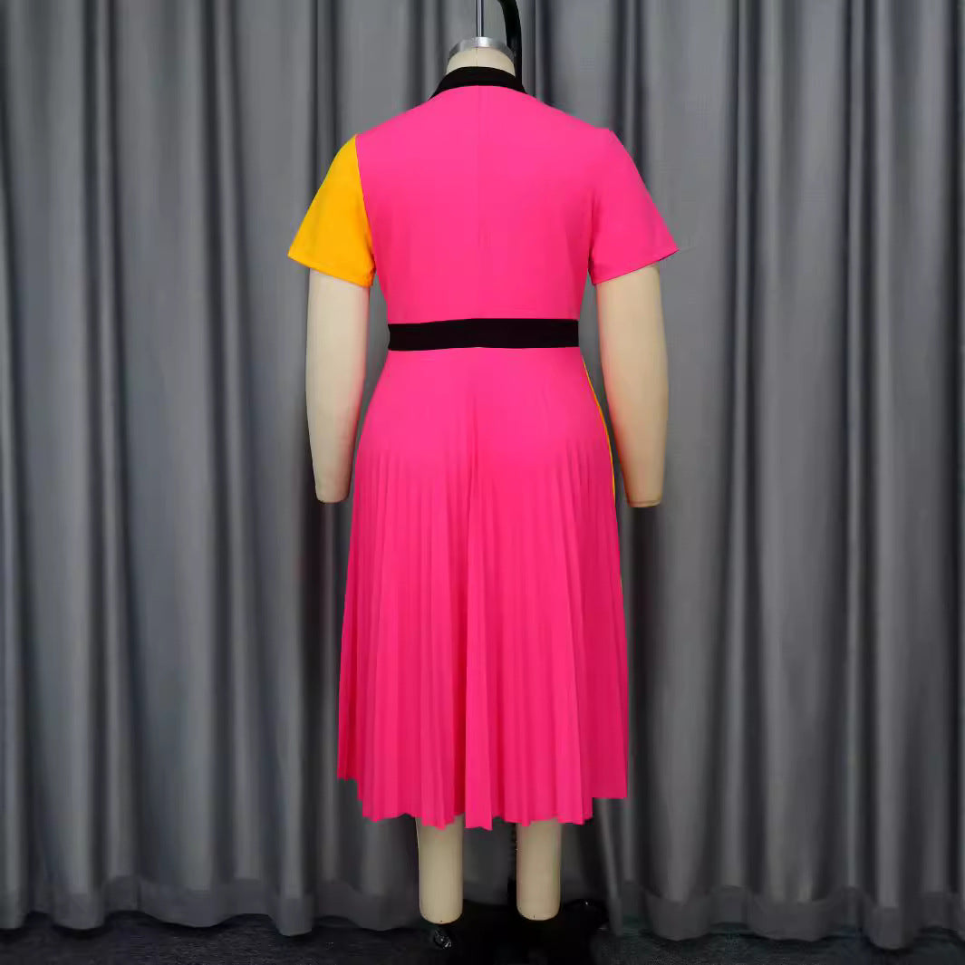 Damen plissiertes Kleid mit Umschlagkragen und kontrastierenden Farbblöcken Echo Archiv