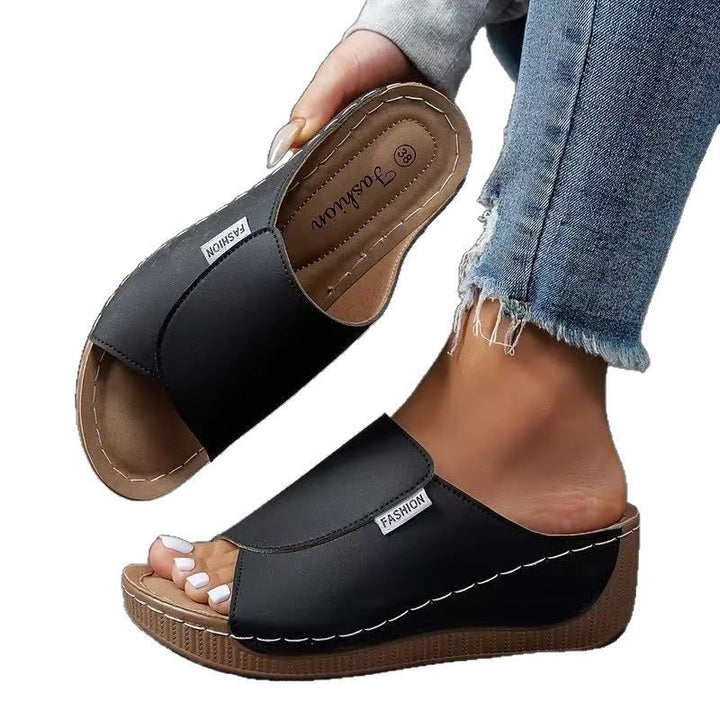 Damen nan anatomisch geformte Schlupf-Sandale mit ergonomischer Keilsohle und genähter Randnaht Echo Archiv