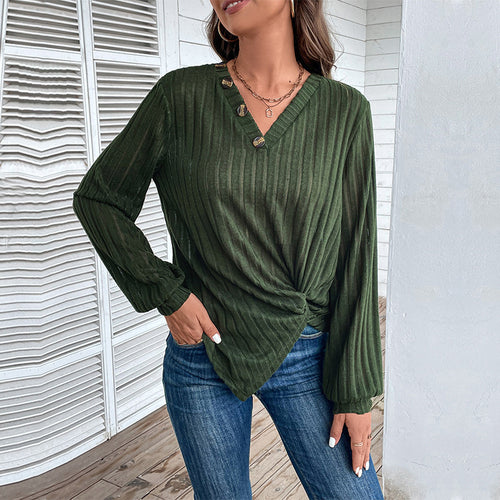 Damen Tailliertes Rippstrick-Longsleeve mit V‑Ausschnitt, Knopfleiste und Twist‑Knoten Echoarchiv