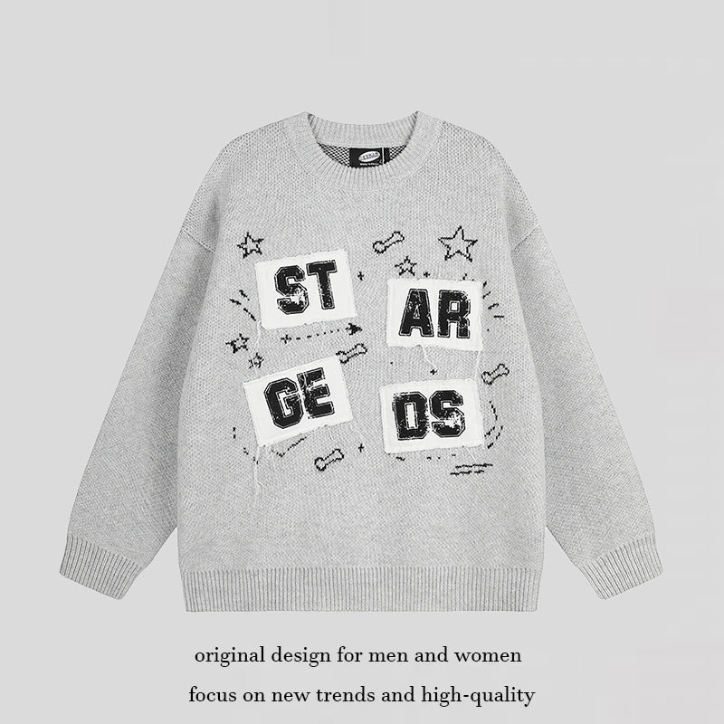 Damen Oversize-Strickpullover mit Rundhalsausschnitt, Applikationen und Vintage-Buchstabenpatches Echoarchiv