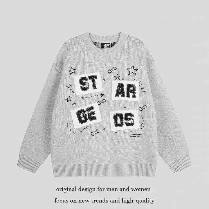 Damen Oversize-Strickpullover mit Rundhalsausschnitt, Applikationen und Vintage-Buchstabenpatches Echoarchiv
