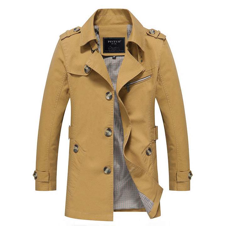Herren Trenchcoat im Fieldstil mit Stehkragen, Schulterklappen und kariertem Innenfutter Echo Archiv