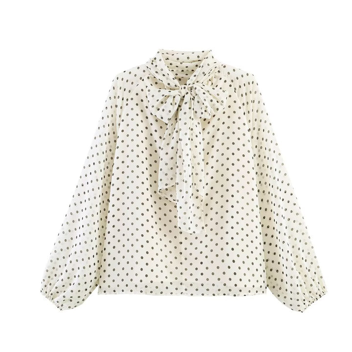 Damen 50+ seidenähnliche Polka‑Dot Schlupfbluse mit Schleifenkragen und Ballonärmeln Echo Archiv
