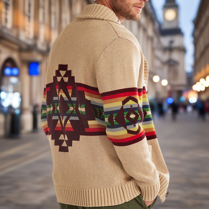 Herren Strickjacke mit bunten Mustern und gemütlichem Schalkragen Echoarchiv