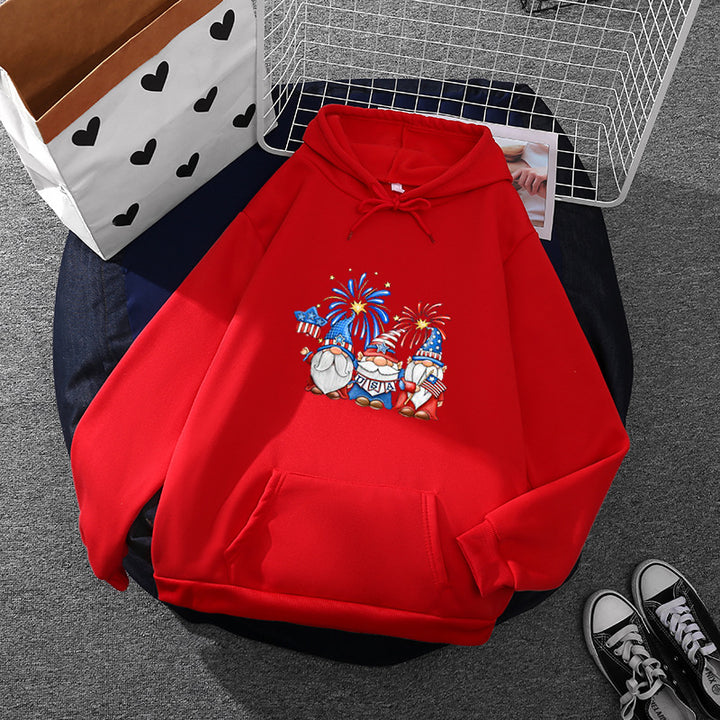 Damen Kapuzenpullover mit patriotischem Gartenzwerg-Print, angerautem Fleece-Innenfutter, Oversize-Schnitt und Kängurutasche – Auréline
