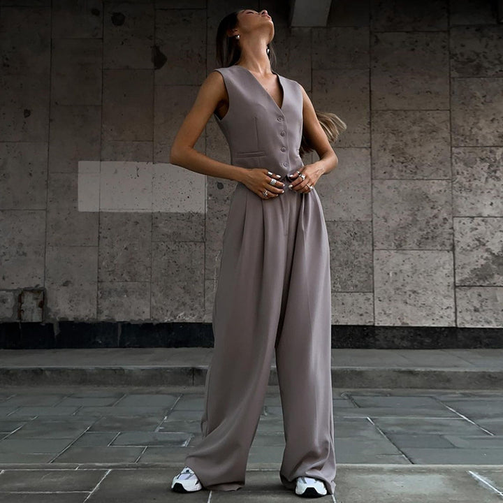 Damen Eleganter Zweiteiler mit taillierter Weste und weiter Palazzo-Hose – Célinea