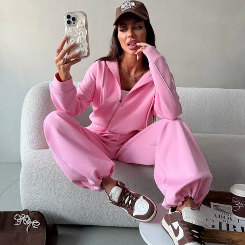 Damen lässiges Lounge-Set aus French-Terry mit Kurzzip-Hoodie und High-Waist Wide-Leg Jogginghose mit Kontrastpaspel – Avérine