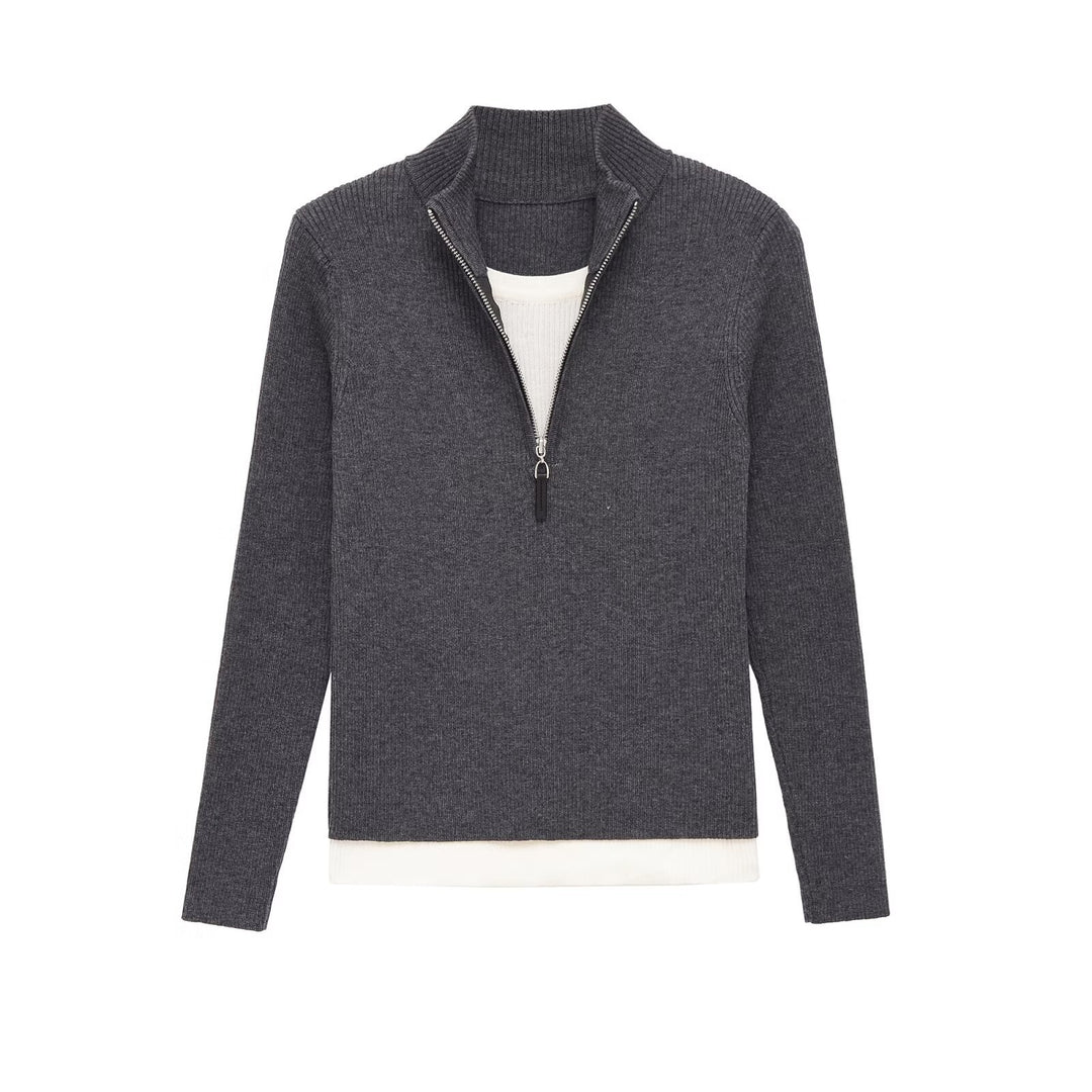 Damen Feinstrickpullover mit halbem Reißverschluss, Stehkragen und Lagenlook-Saum Echo Archiv