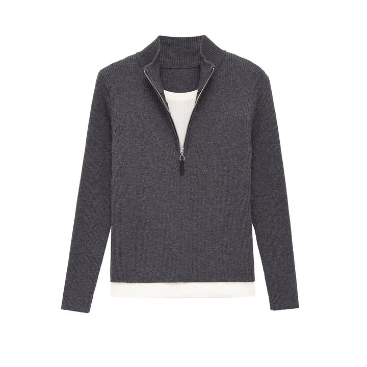 Damen Feinstrickpullover mit halbem Reißverschluss, Stehkragen und Lagenlook-Saum Echo Archiv