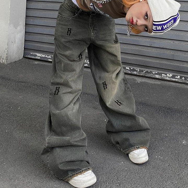 Damen nan hochtaillierte weite Denim-Jeans mit geradem Bein, Five-Pocket und Ton-in-Ton Stickerei Echo Archiv