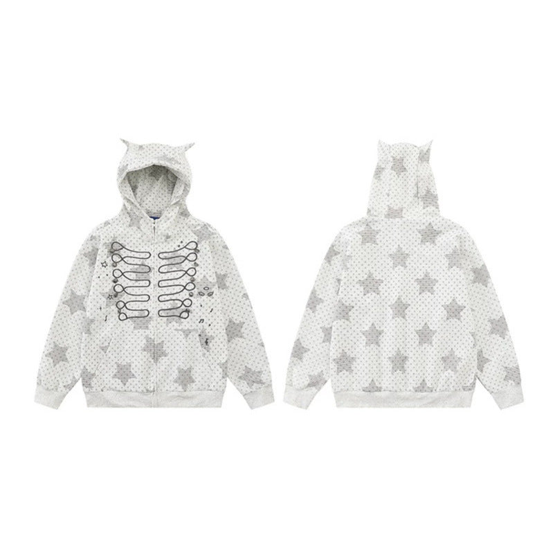 Damen Kapuzen‑Sweatjacke mit 3D‑Ohrenapplikationen, durchgehendem Reißverschluss und verspieltem Militär‑Illustrationsprint Echoarchiv