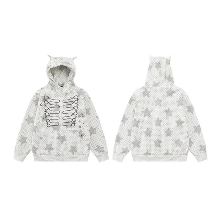 Damen Kapuzen‑Sweatjacke mit 3D‑Ohrenapplikationen, durchgehendem Reißverschluss und verspieltem Militär‑Illustrationsprint Echoarchiv
