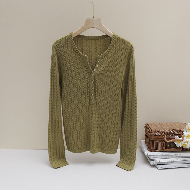 Damen Feines Zopfmuster-Henley-Feinstrickshirt mit Rundhals & Knopfleiste Echo Archiv