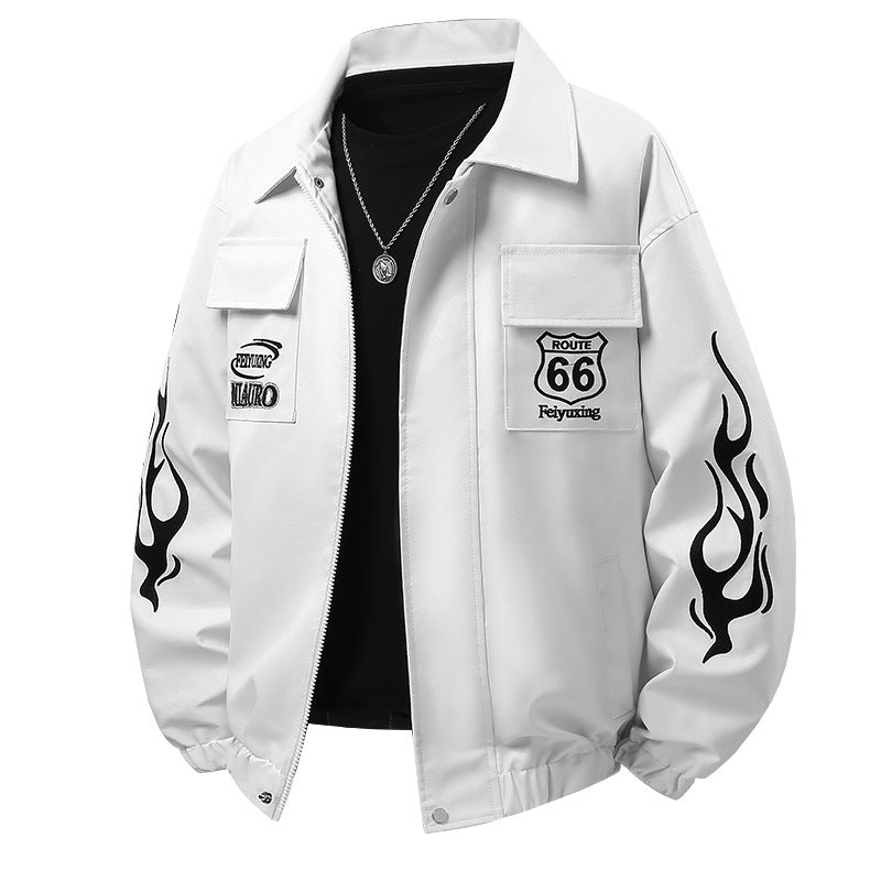 Men's patch-detail street-style zip-up jacket with stand collar and graphic sleeve prints – Taviero