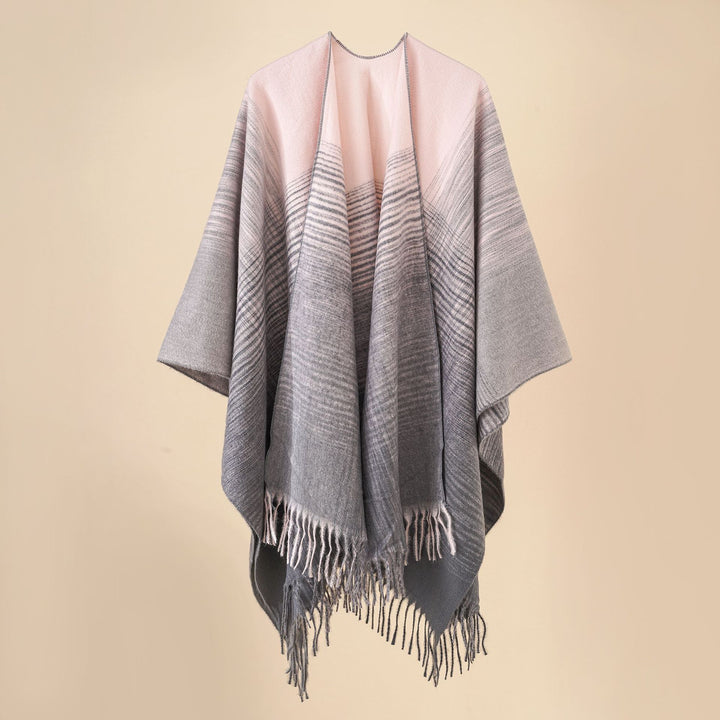 Damen Fransen‑Cape aus Wollmix mit offenem Fall und reversiblem Jacquard Echo Archiv