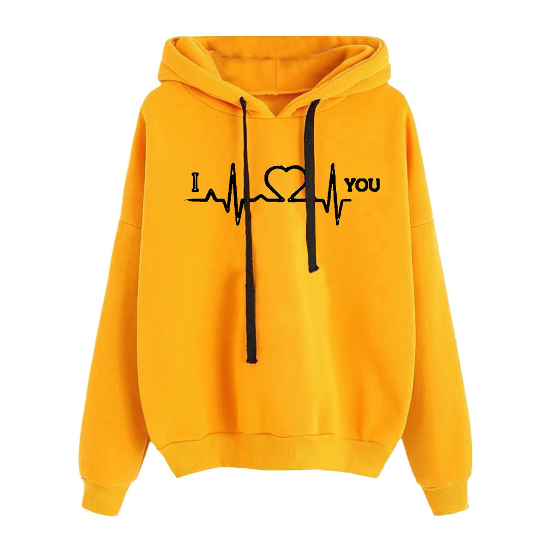Damen leichter Oversize Kapuzenpullover mit Herz‑EKG‑Motiv, langen Kordeln und elastischem Bund – Auréline