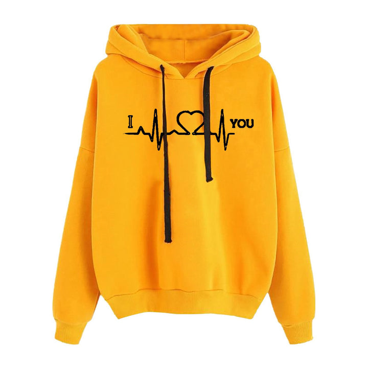 Damen leichter Oversize Kapuzenpullover mit Herz‑EKG‑Motiv, langen Kordeln und elastischem Bund – Auréline