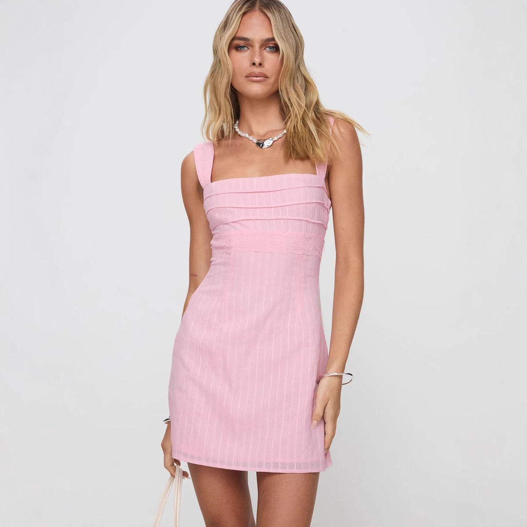 Damen Tailliertes Sommerkleid mit quadratischem Ausschnitt und feinen Streifen Echo Archiv