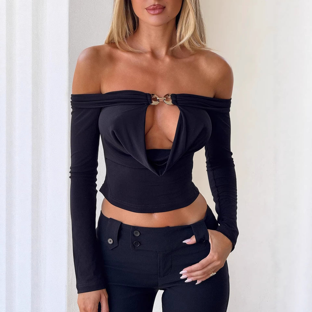 Damen Off-Shoulder Bluse mit dekorativem Ausschnitt und langen Ärmeln Echo Archiv