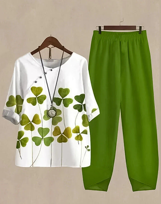 Damen nan zweiteiliges Casual-Ensemble mit Kleeblattprint-Tunika und elastischer Komfortbund-Hose Echo Archiv