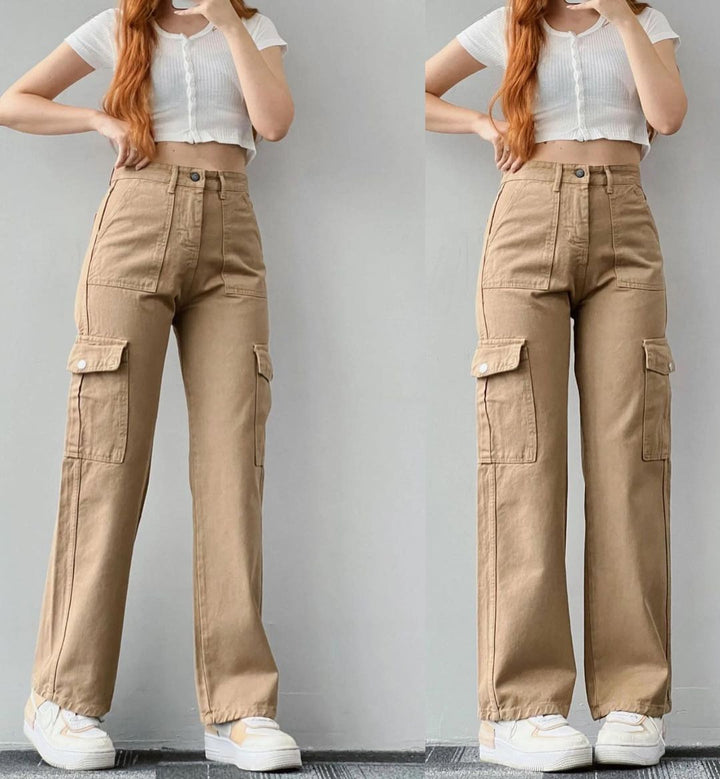 Damen Cargohose mit hoher Taille, geradem Bein und aufgesetzten Pattentaschen Echoarchiv
